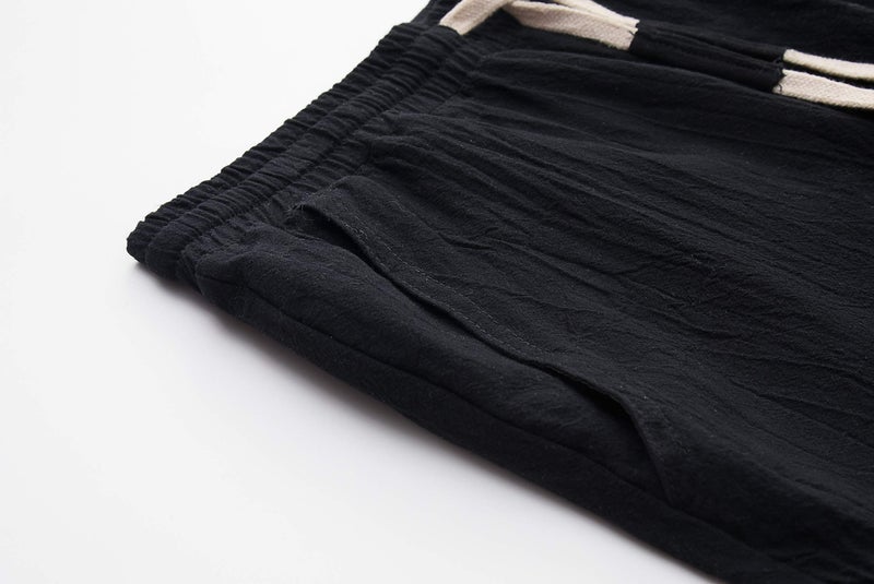 SIR7 Men's Linen Casual Classic Fit 11 Inch Inseam Elastic Waist Shorts with Drawstring Black Medium - Image 4